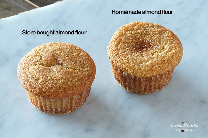 two almond flour muffins on marble table showing the difference between store bought and homemade almond flour